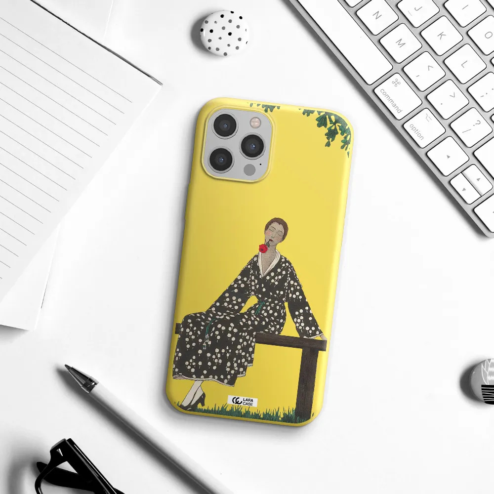 a woman sitting on a bench Apple iPhone 12 pro max Silicone canary yellow Case