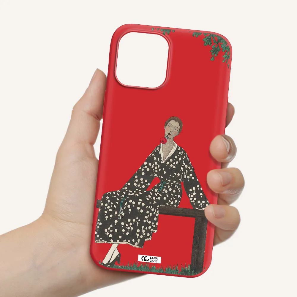 a woman sitting on a bench Apple iPhone 12 pro max Silicone Imperial Red Case