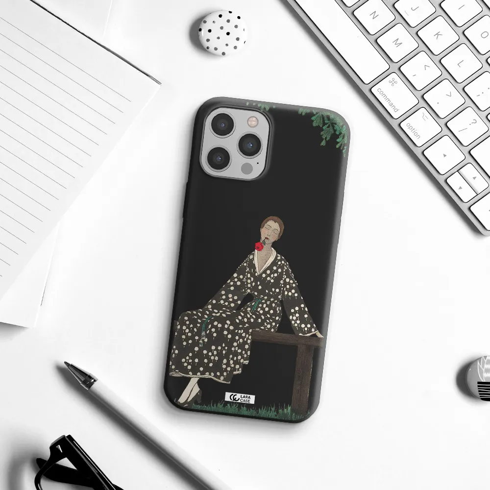a woman sitting on a bench Apple iPhone 12 pro Silicone black Case
