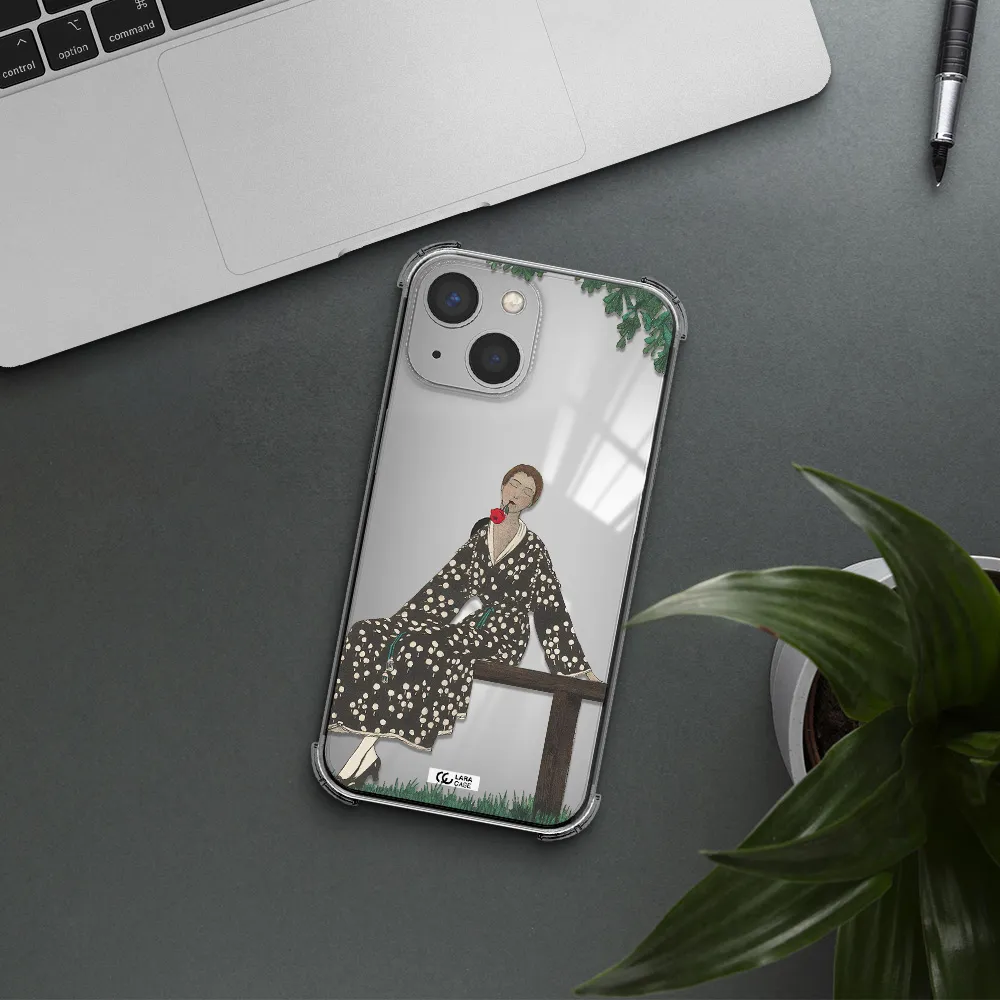 a woman sitting on a bench Apple iPhone 13 Clear PC Case