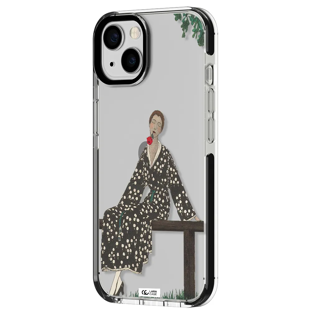 a woman sitting on a bench Apple iPhone 13 impact black border Case