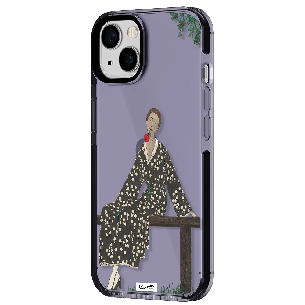 a woman sitting on a bench Apple iPhone 13 impact Lilac Case