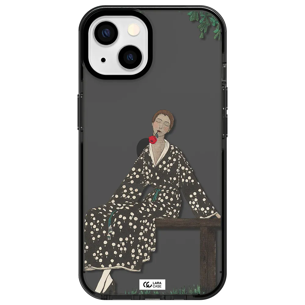 a woman sitting on a bench Apple iPhone 13 impact Smoke Black Case