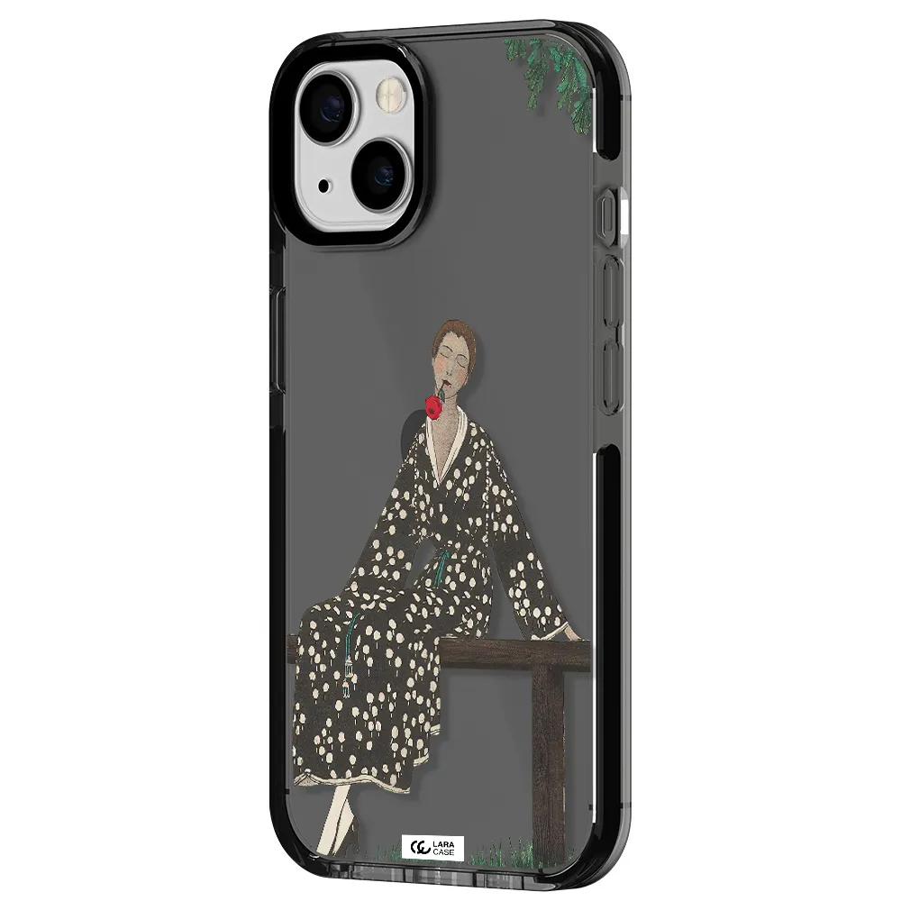 a woman sitting on a bench Apple iPhone 13 impact Smoke Black Case