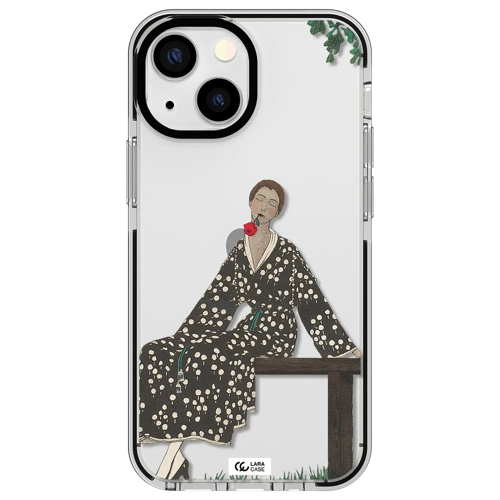 a woman sitting on a bench Apple iPhone 13 mini impact black border Case