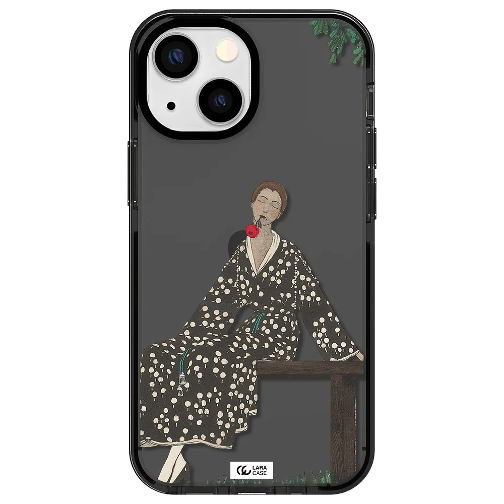 a woman sitting on a bench Apple iPhone 13 mini impact Smoke Black Case