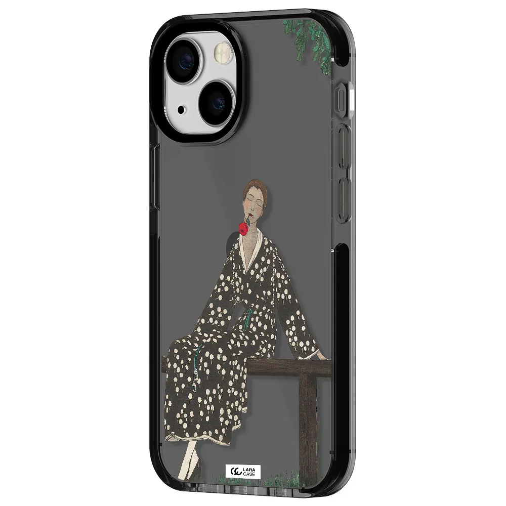 a woman sitting on a bench Apple iPhone 13 mini impact Smoke Black Case