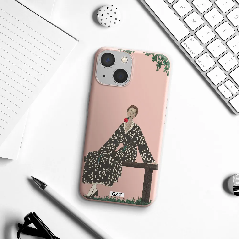 a woman sitting on a bench Apple iPhone 13 mini Silicone pastel pink Case