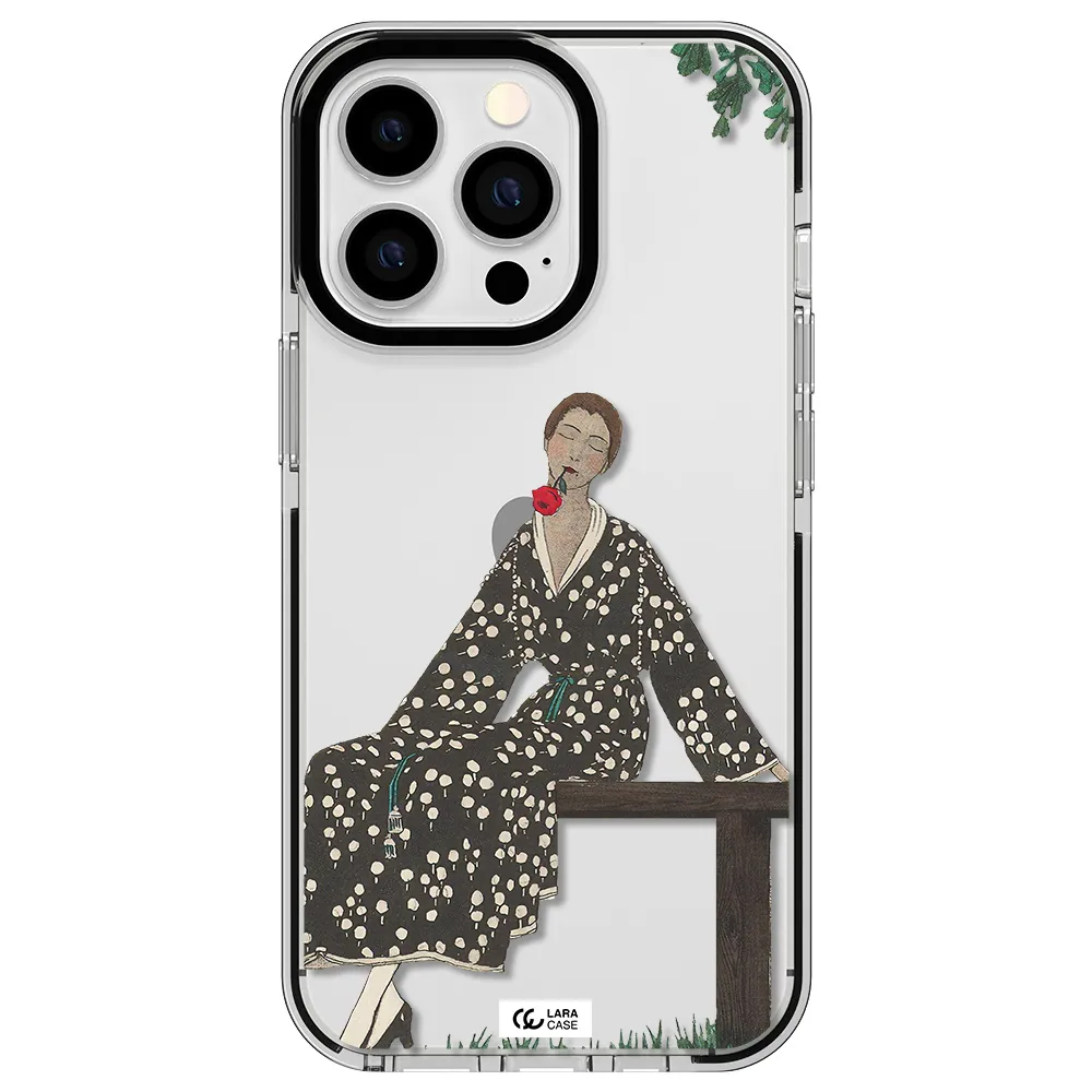 a woman sitting on a bench Apple iPhone 13 Pro impact black border Case
