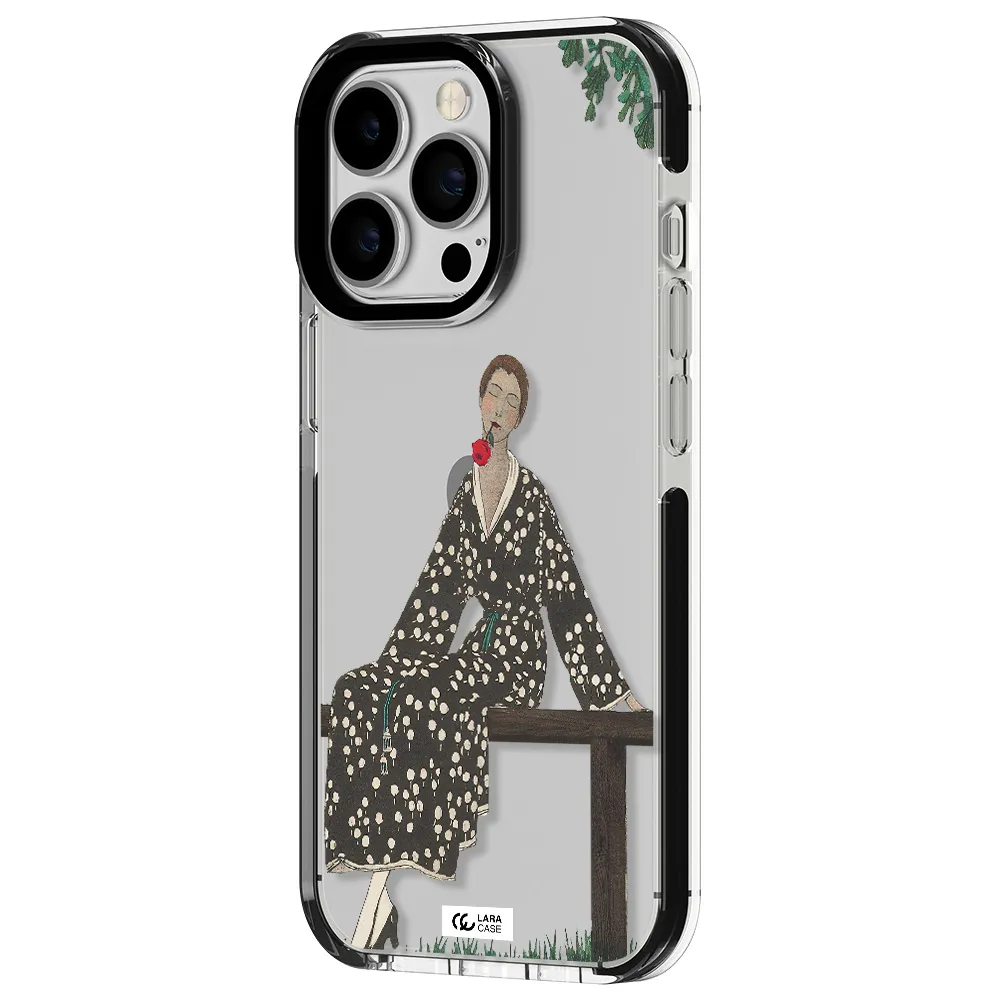 a woman sitting on a bench Apple iPhone 13 Pro impact black border Case
