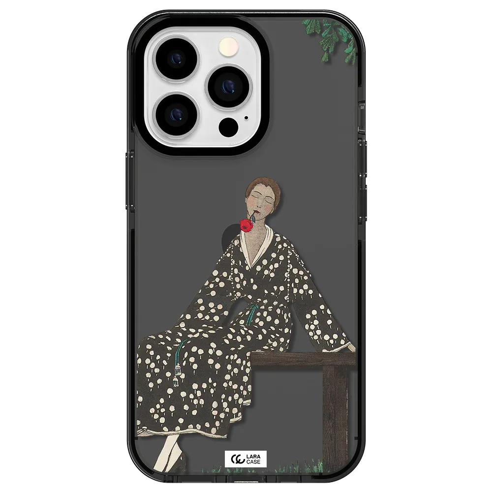 a woman sitting on a bench Apple iPhone 13 Pro impact Smoke Black Case