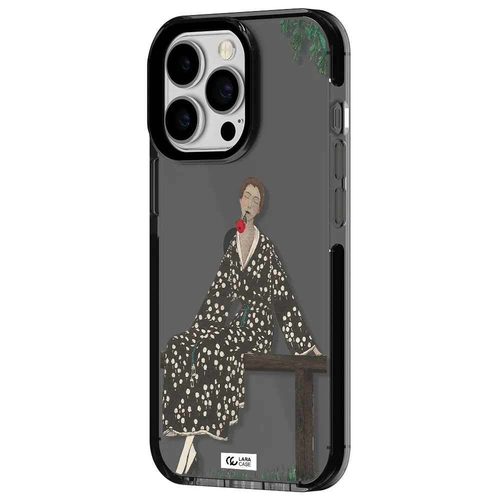 a woman sitting on a bench Apple iPhone 13 Pro impact Smoke Black Case