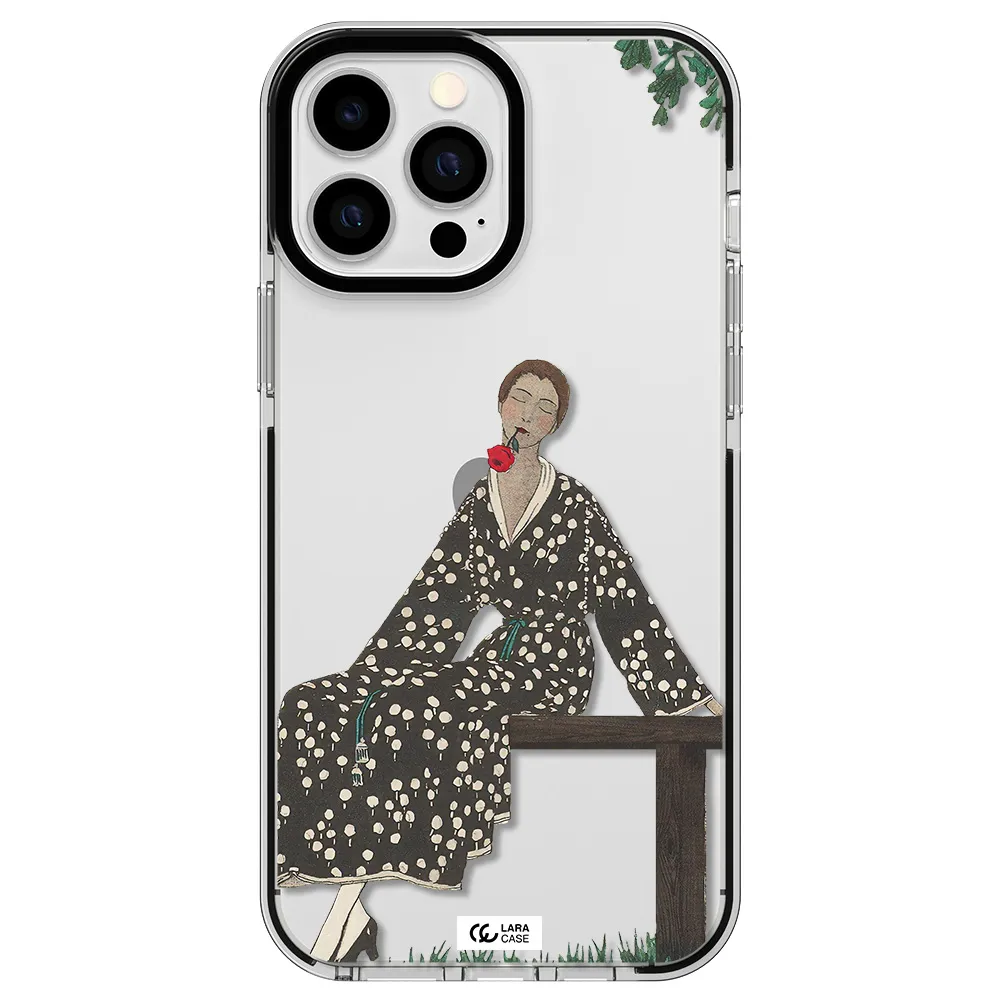 a woman sitting on a bench Apple iPhone 13 Pro Max impact black border Case