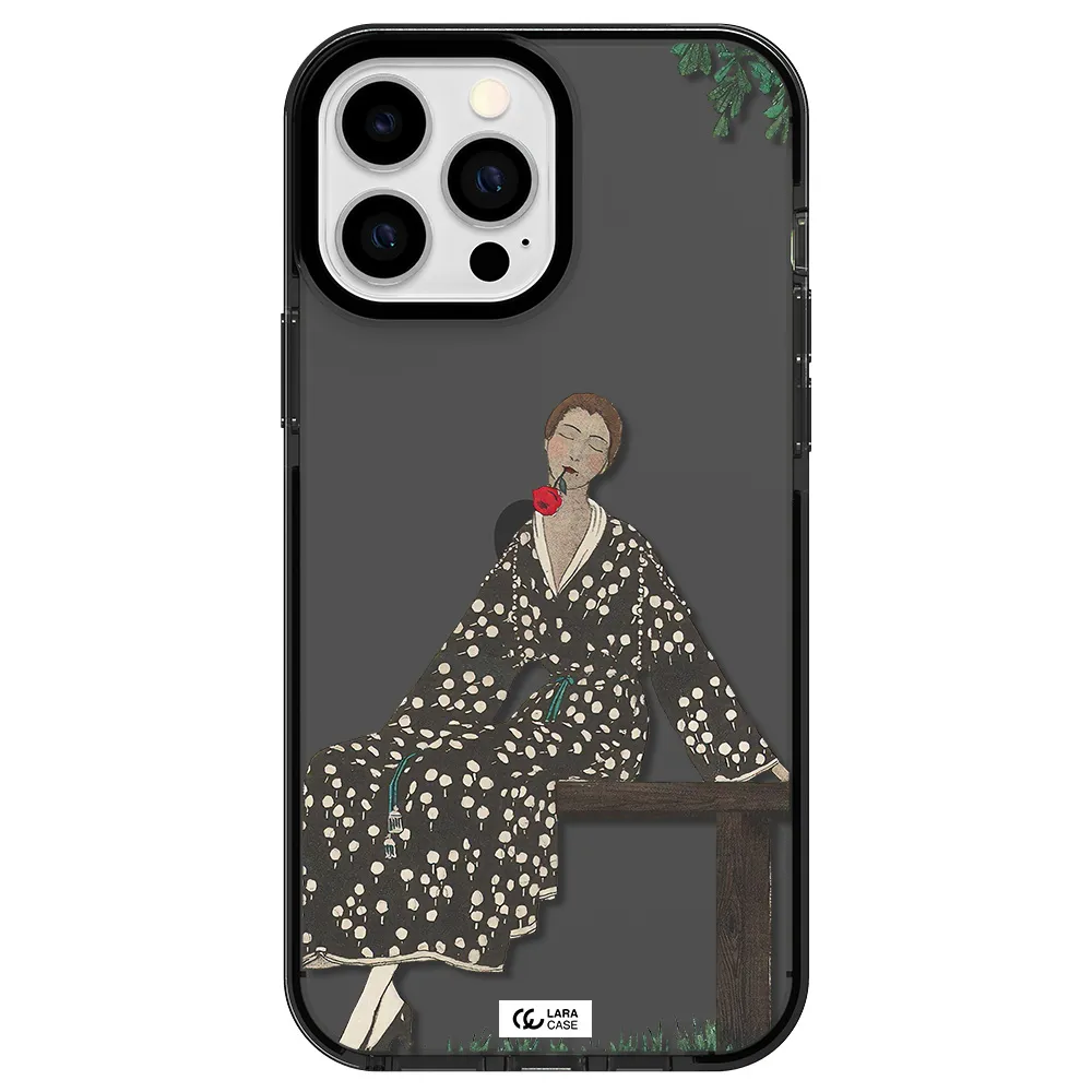 a woman sitting on a bench Apple iPhone 13 Pro Max impact Smoke Black Case