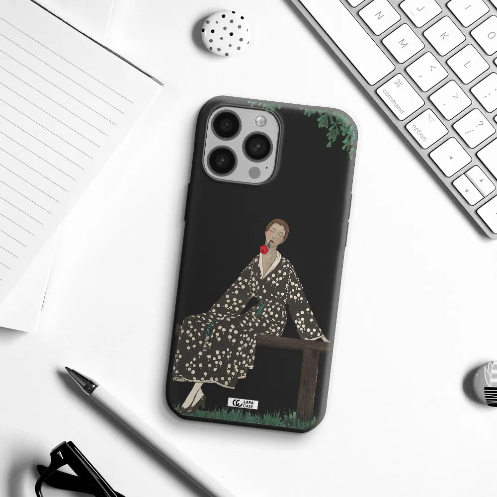 a woman sitting on a bench Apple iPhone 13 Pro Max Silicone black Case