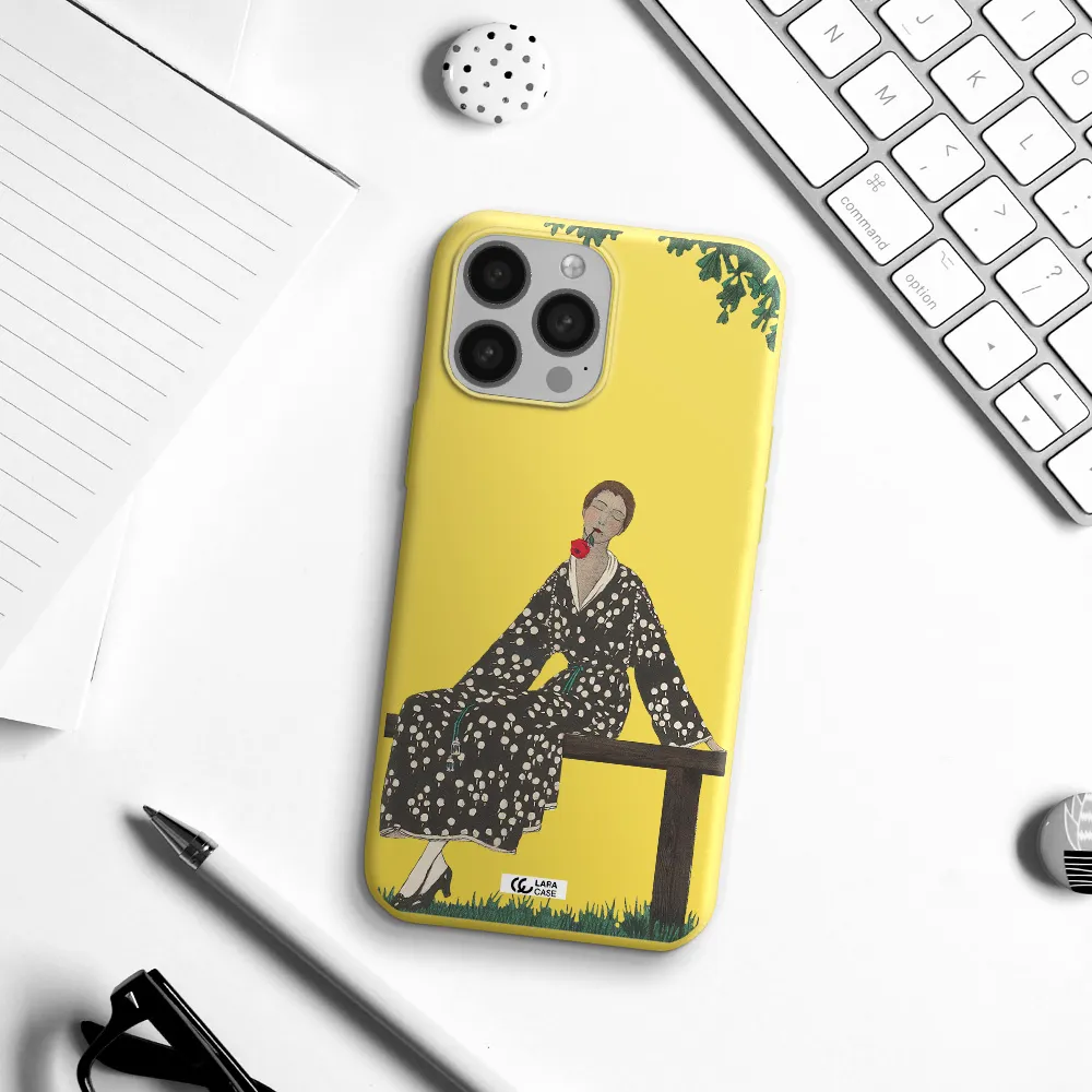 a woman sitting on a bench Apple iPhone 13 Pro Max Silicone canary yellow Case