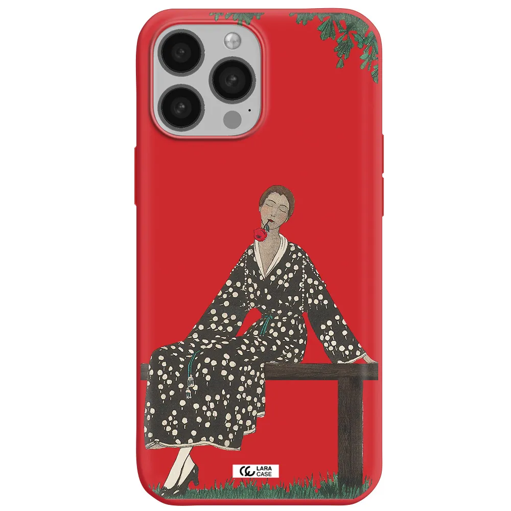 a woman sitting on a bench Apple iPhone 13 Pro Max Silicone Imperial Red Case
