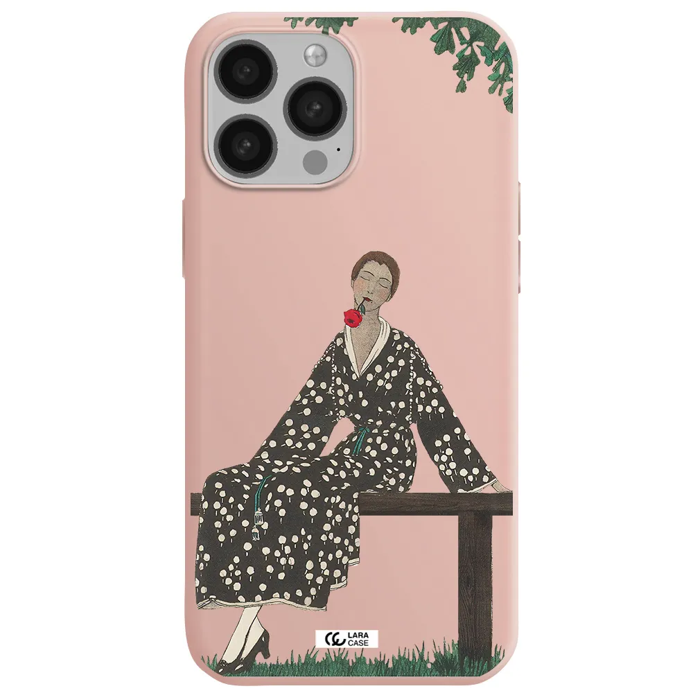 a woman sitting on a bench Apple iPhone 13 Pro Max Silicone pastel pink Case
