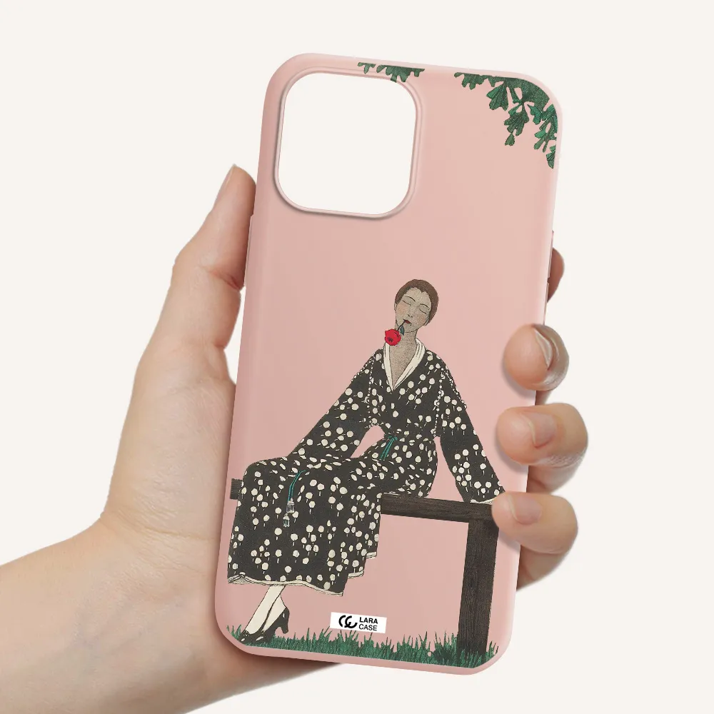 a woman sitting on a bench Apple iPhone 13 Pro Max Silicone pastel pink Case