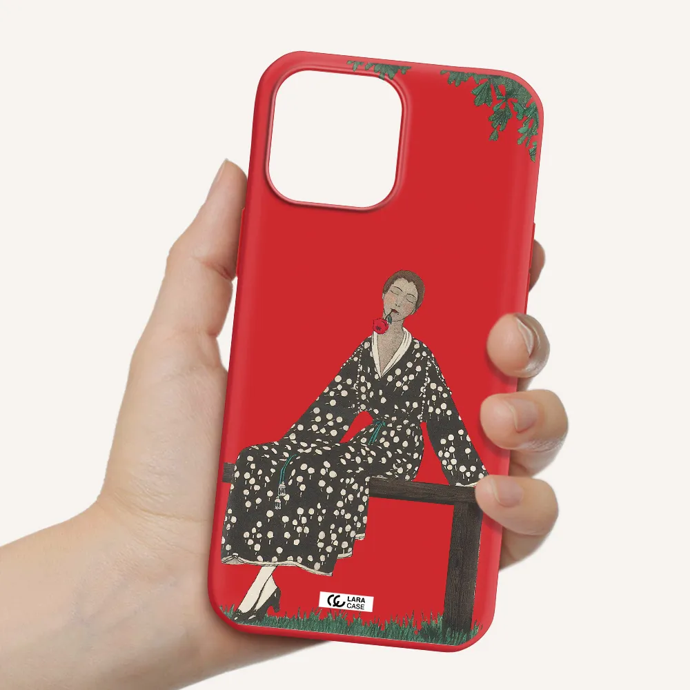 a woman sitting on a bench Apple iPhone 13 Pro Silicone Imperial Red Case