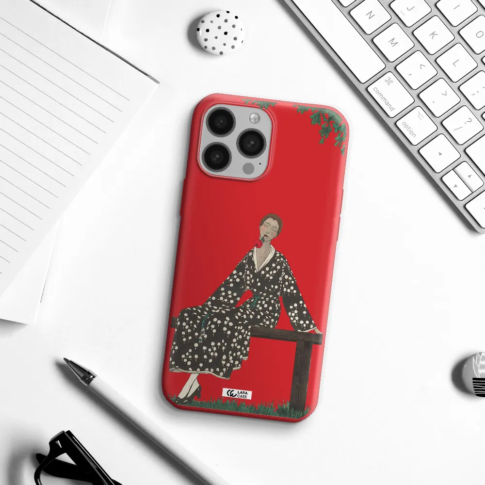 a woman sitting on a bench Apple iPhone 13 Pro Silicone Imperial Red Case