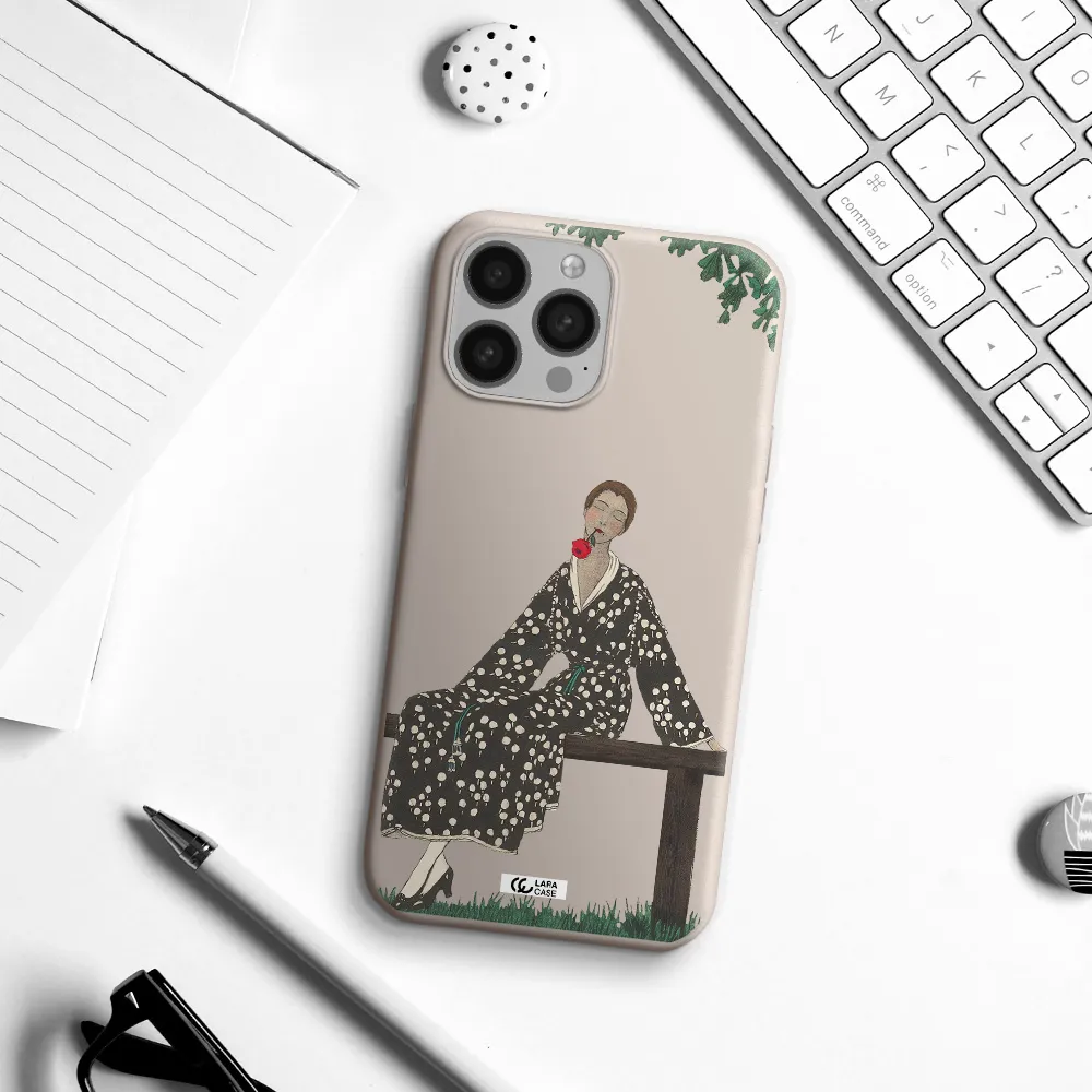 a woman sitting on a bench Apple iPhone 13 Pro Silicone Stone Case