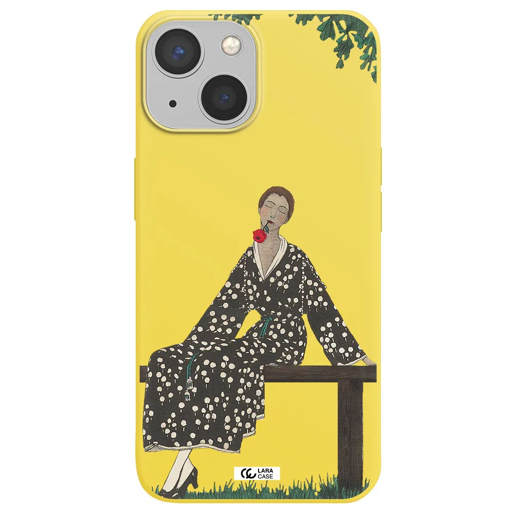 a woman sitting on a bench Apple iPhone 13 Silicone canary yellow Case