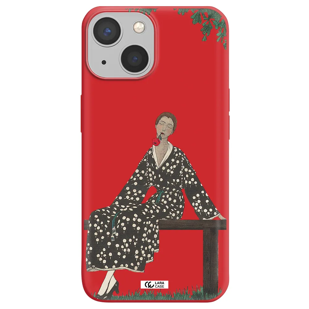 a woman sitting on a bench Apple iPhone 13 Silicone Imperial Red Case