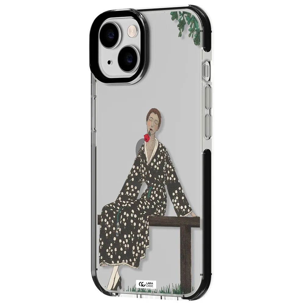 a woman sitting on a bench Apple iPhone 14 impact black border Case