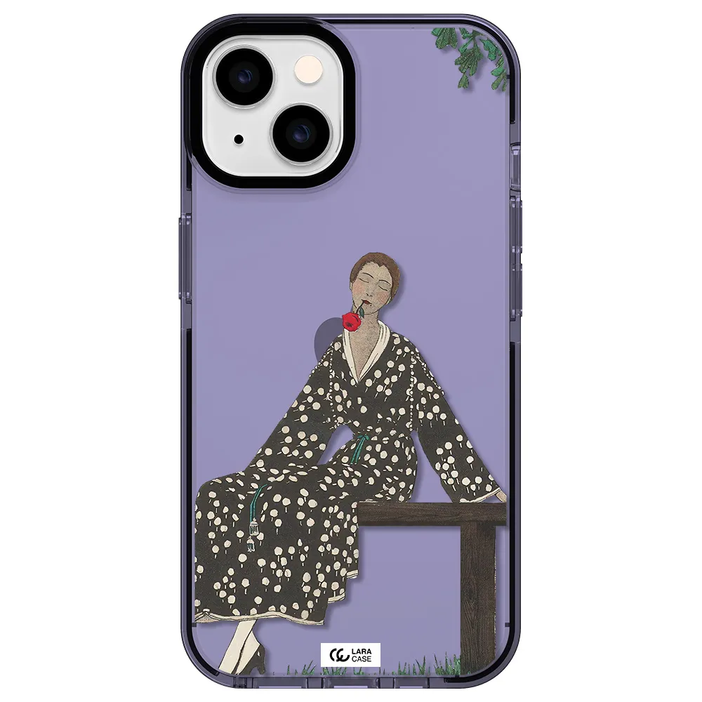 a woman sitting on a bench Apple iPhone 14 impact Lilac Case