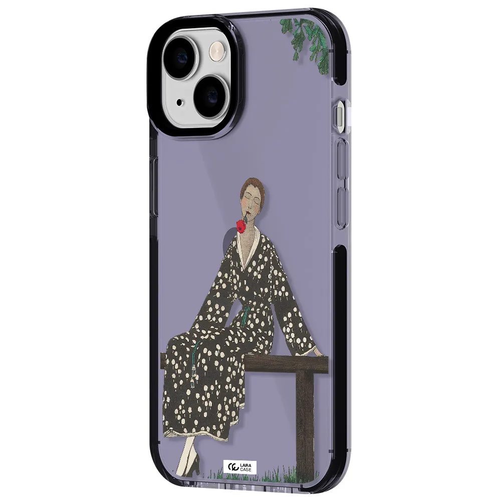 a woman sitting on a bench Apple iPhone 14 impact Lilac Case