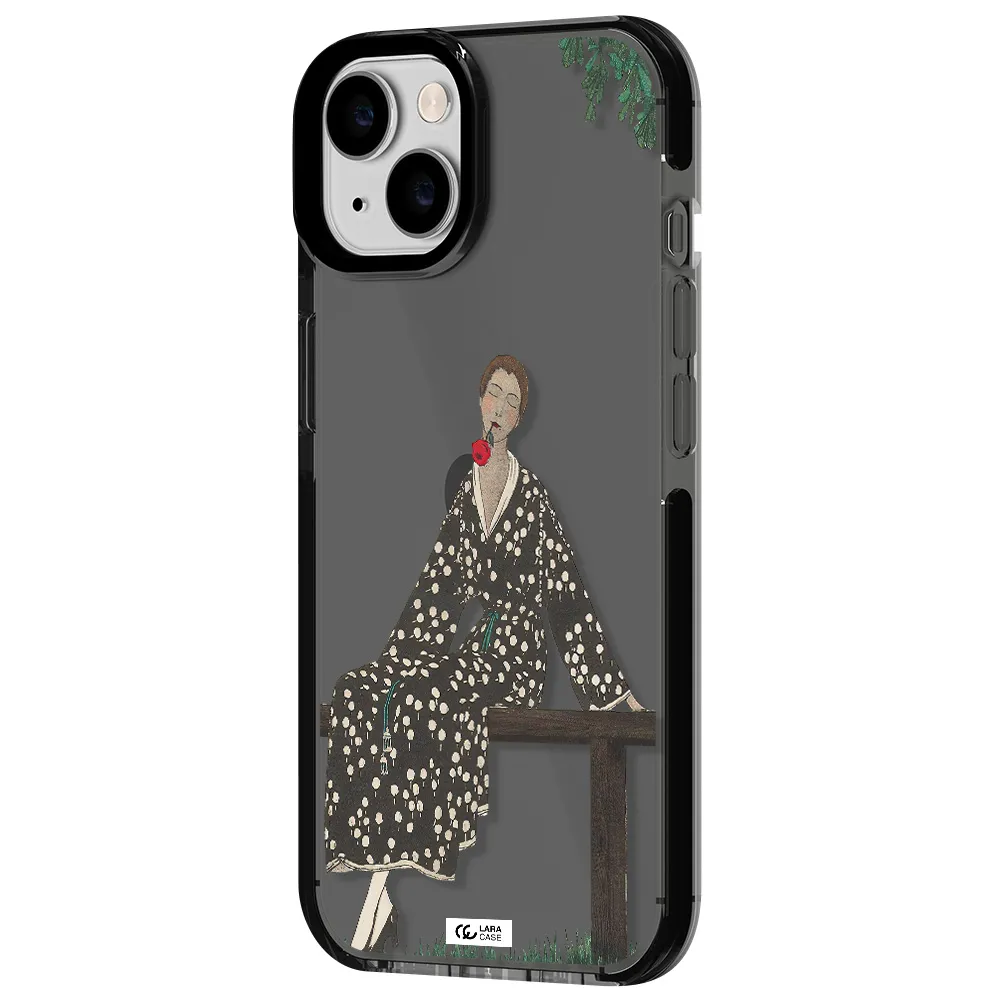 a woman sitting on a bench Apple iPhone 14 impact Smoke Black Case