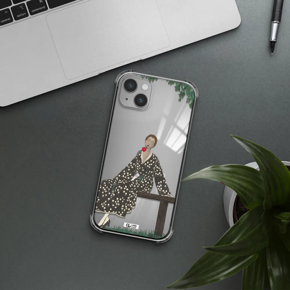 a woman sitting on a bench Apple iPhone 14 plus Clear PC Case