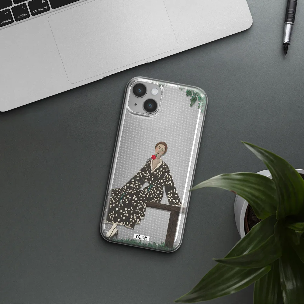 a woman sitting on a bench Apple iPhone 14 plus Clear TPU Case