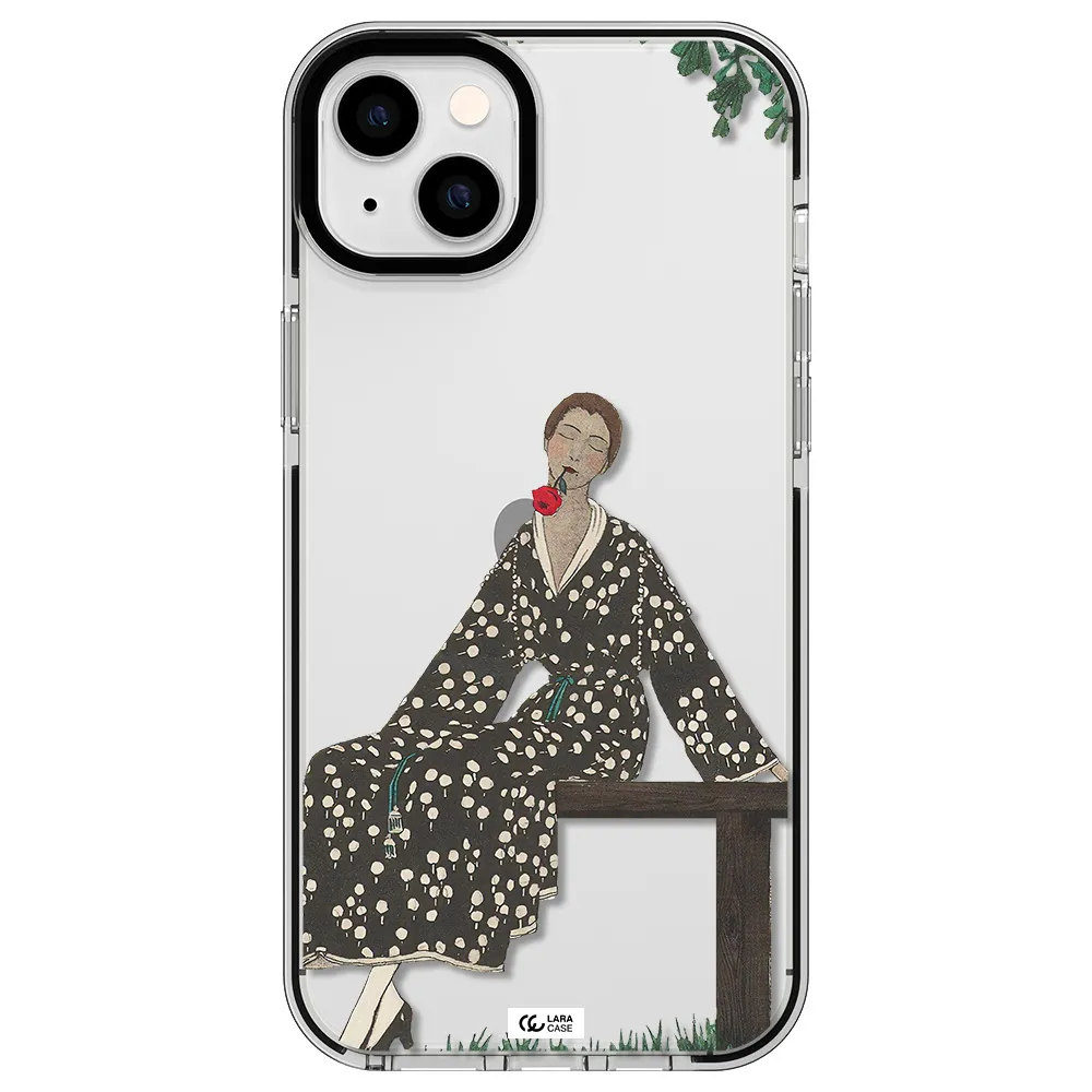 a woman sitting on a bench Apple iPhone 14 plus impact black border Case