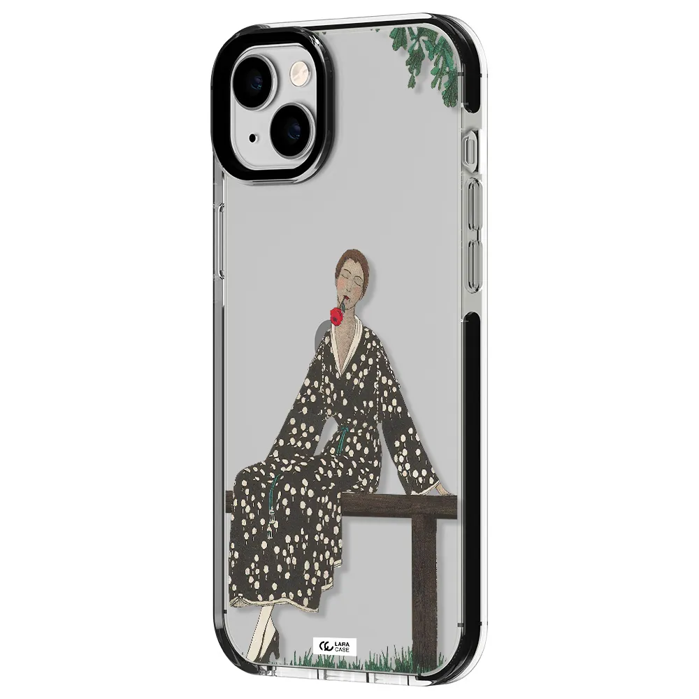 a woman sitting on a bench Apple iPhone 14 plus impact black border Case