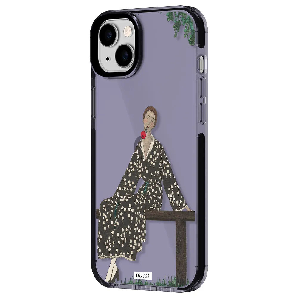 a woman sitting on a bench Apple iPhone 14 plus impact Lilac Case