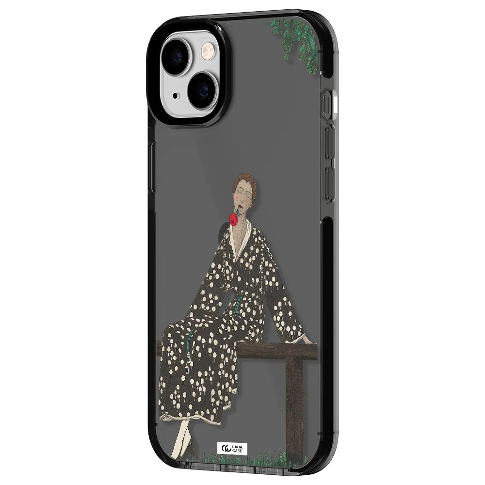 a woman sitting on a bench Apple iPhone 14 plus impact Smoke Black Case