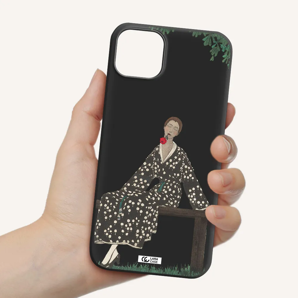 a woman sitting on a bench Apple iPhone 14 plus Silicone black Case