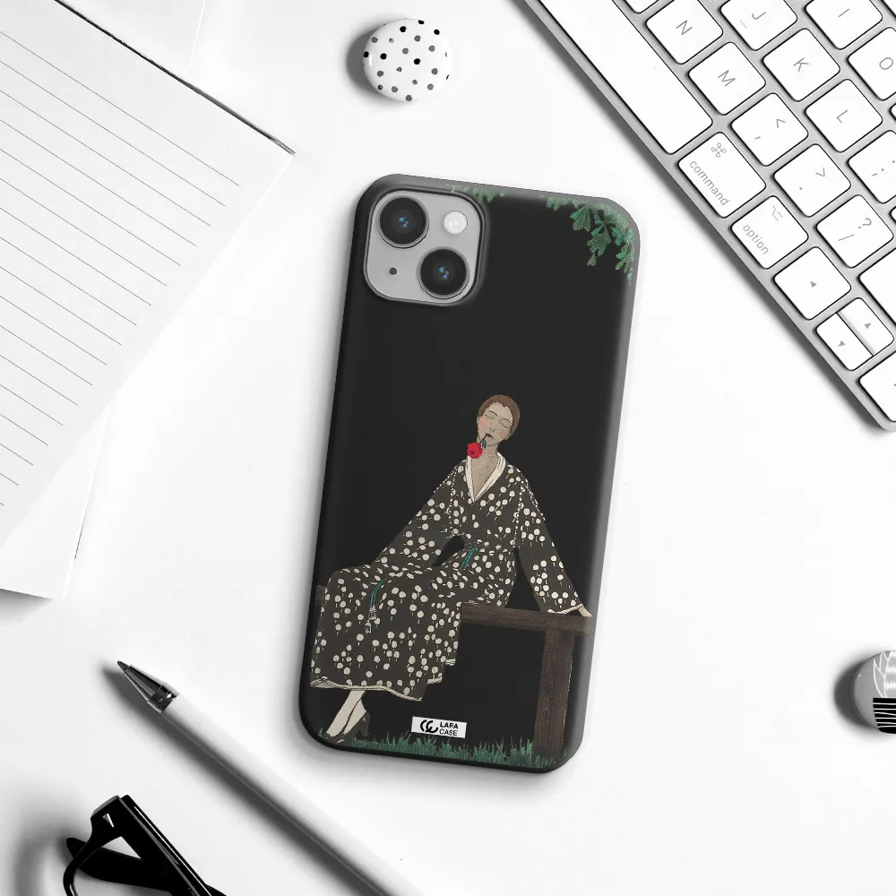 a woman sitting on a bench Apple iPhone 14 plus Silicone black Case