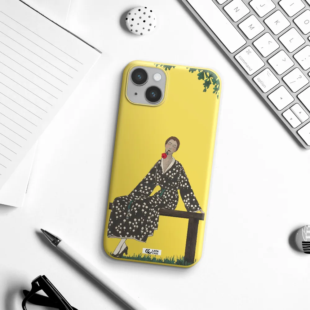 a woman sitting on a bench Apple iPhone 14 plus Silicone canary yellow Case