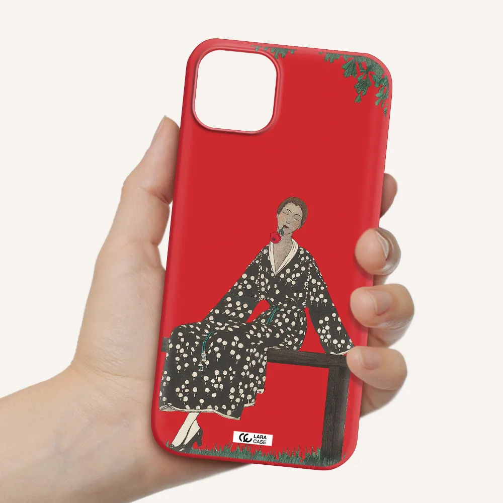 a woman sitting on a bench Apple iPhone 14 plus Silicone Imperial Red Case