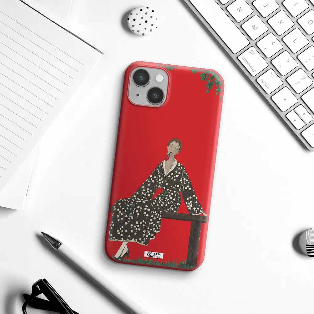a woman sitting on a bench Apple iPhone 14 plus Silicone Imperial Red Case