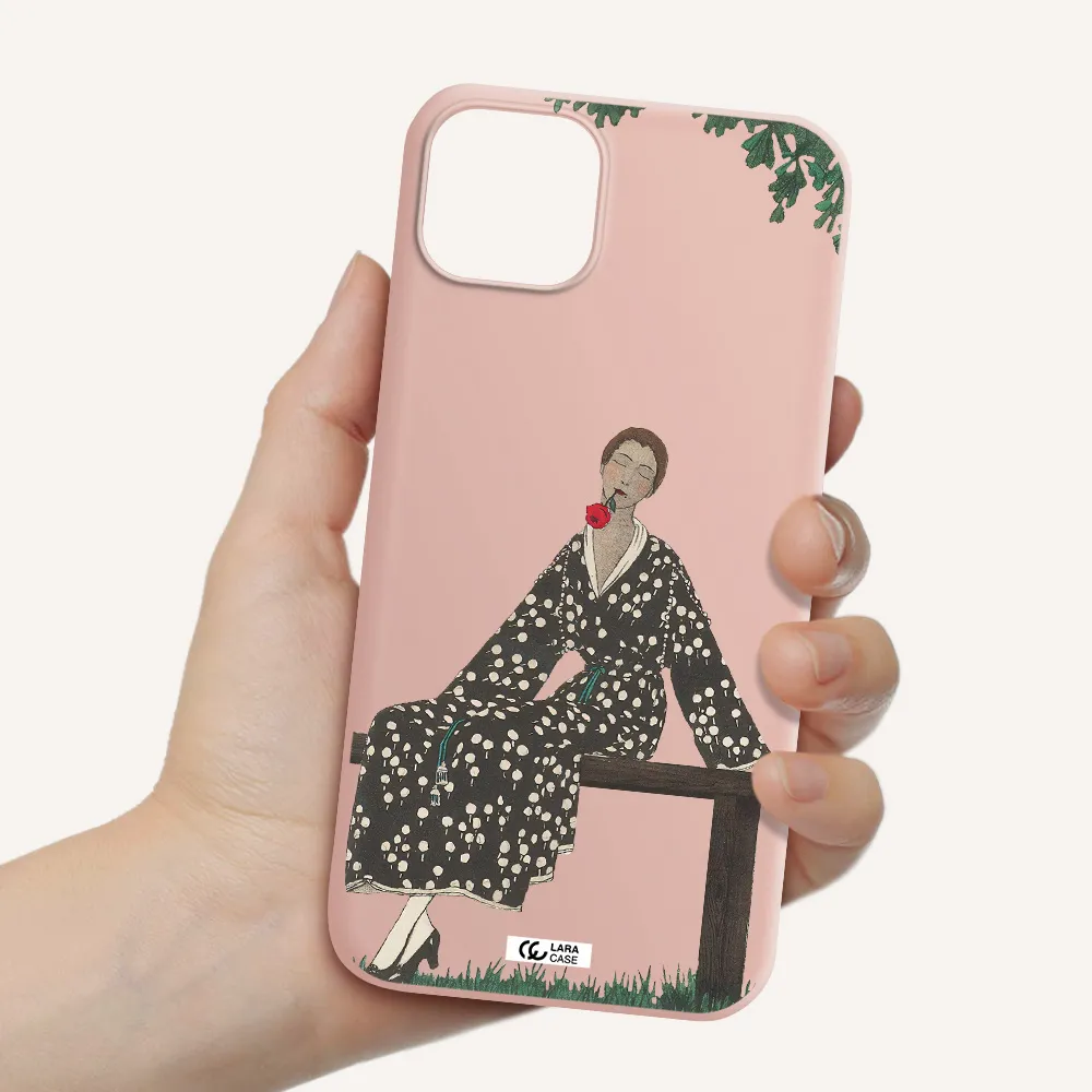 a woman sitting on a bench Apple iPhone 14 plus Silicone pastel pink Case