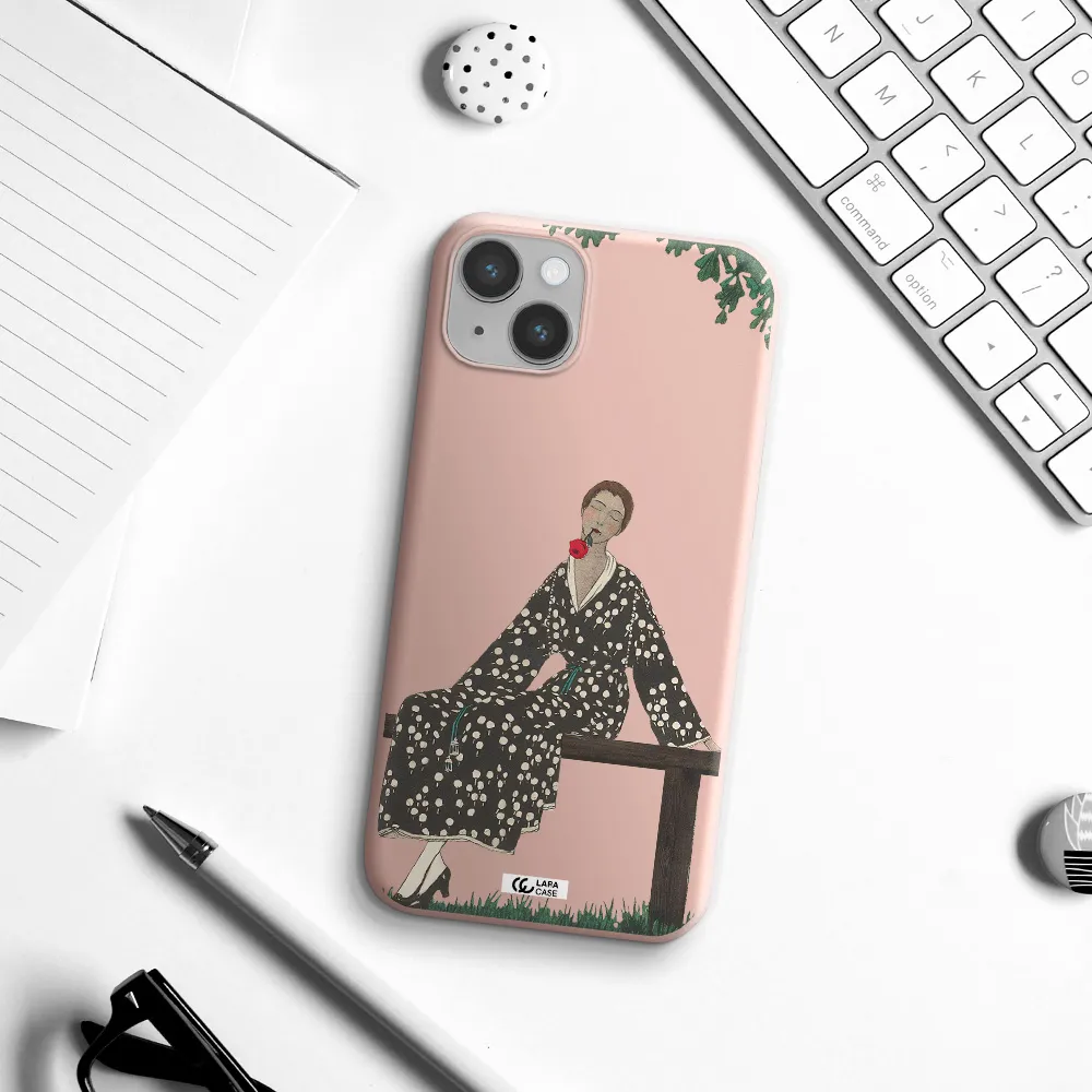 a woman sitting on a bench Apple iPhone 14 plus Silicone pastel pink Case