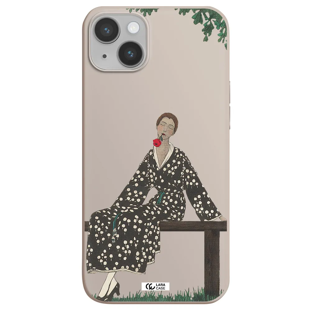 a woman sitting on a bench Apple iPhone 14 plus Silicone Stone Case