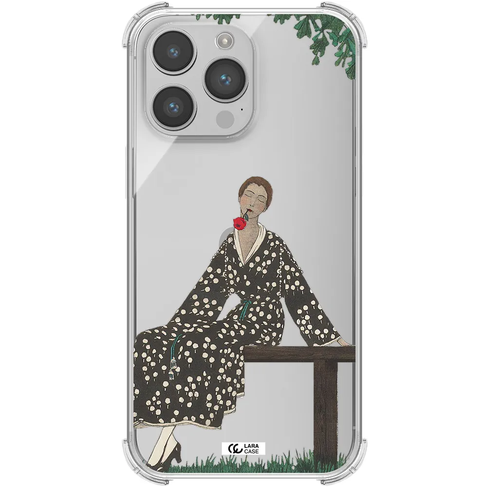a woman sitting on a bench Apple iPhone 14 pro Clear PC Case
