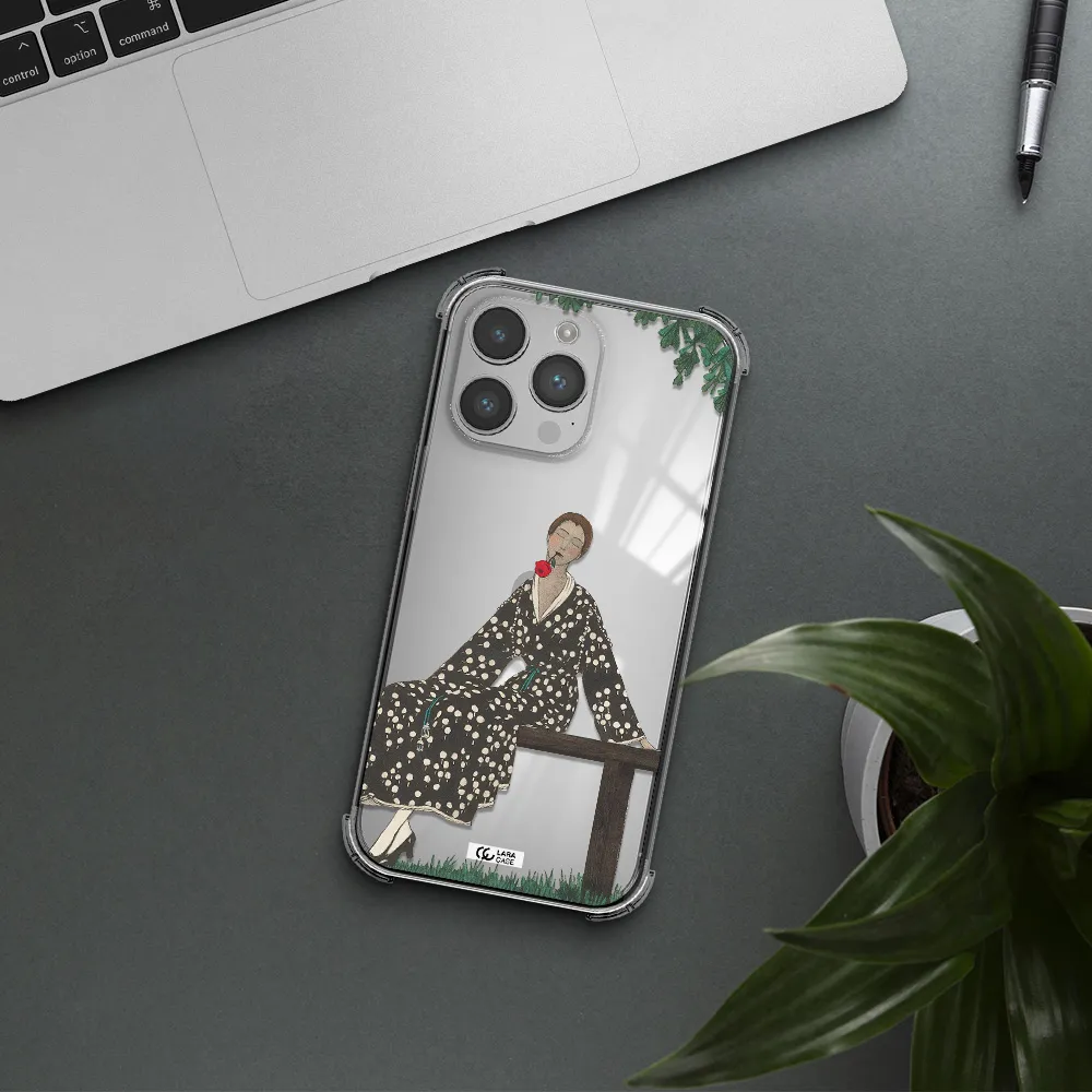 a woman sitting on a bench Apple iPhone 14 pro Clear PC Case