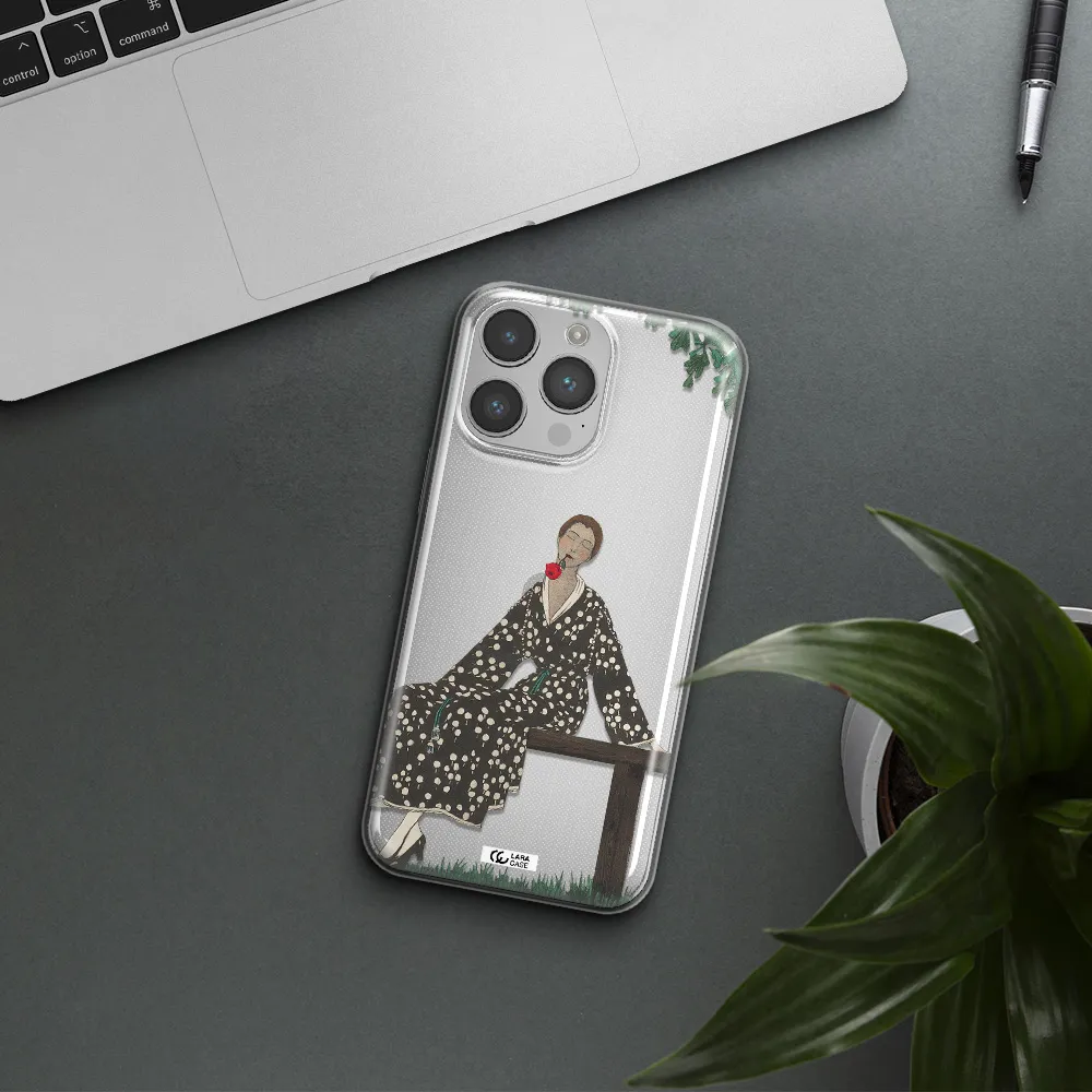 a woman sitting on a bench Apple iPhone 14 pro Clear TPU Case