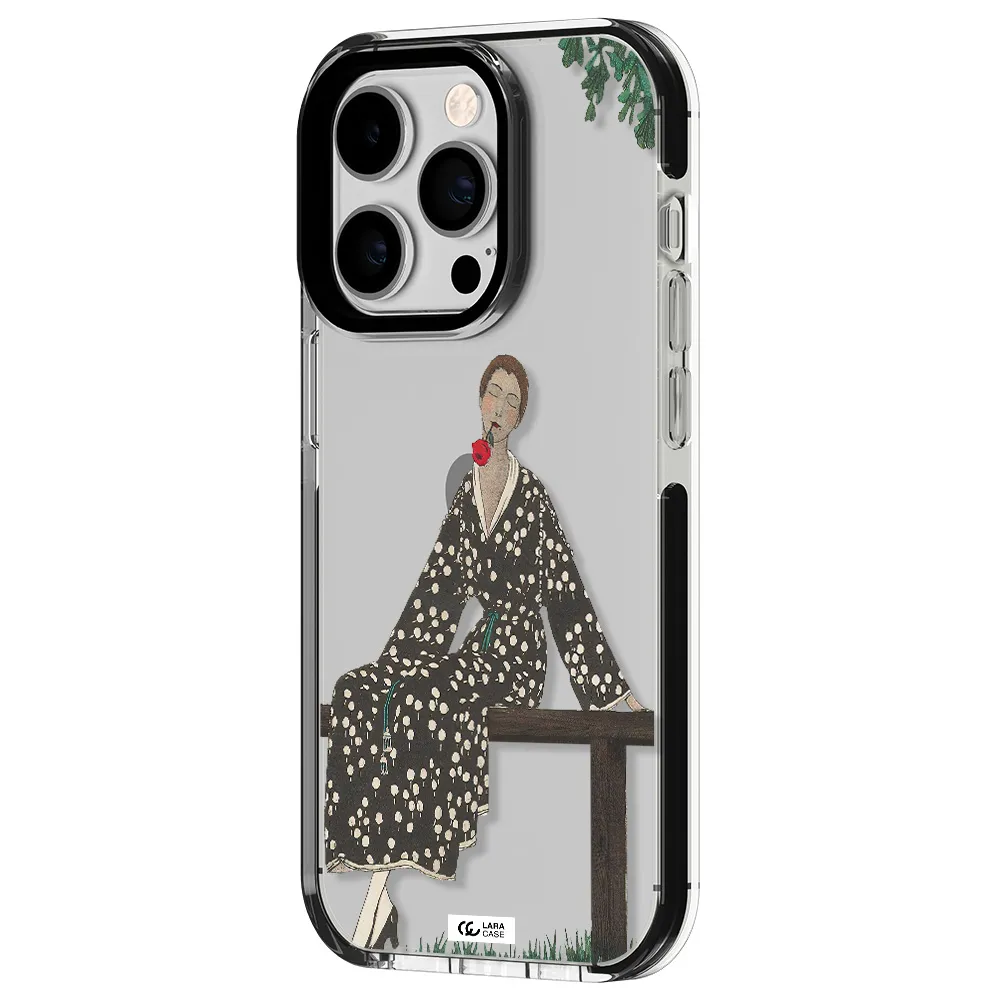 a woman sitting on a bench Apple iPhone 14 pro impact black border Case